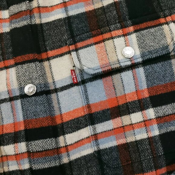 Levis 45% Wool Blend Shirt Jacket Mens Size Large Plaid Orange Blue Snap Button - Picture 4 of 7